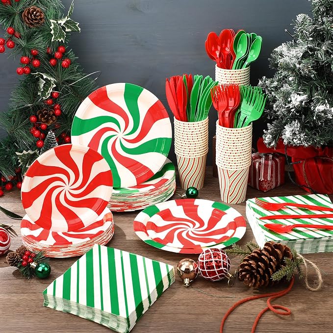 Pickmesh 400 Pcs Christmas Peppermint Candy Paper Plates Napkins Cups Cutlery - Image 4
