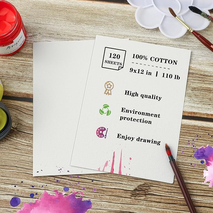 Silunkia 120 Sheets 100% Cotton Watercolor Paper 9 x 12 - Image 3