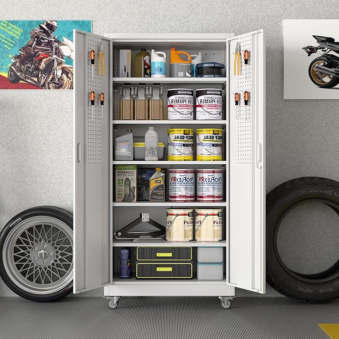 71" Metal Storage Cabinet with Wheels and Pegboard, Lockable Rolling Steel Storage Cabinet with 5 Adjustable Shelves and Door for Garage, Office, Kitchen, Assembly Required,White