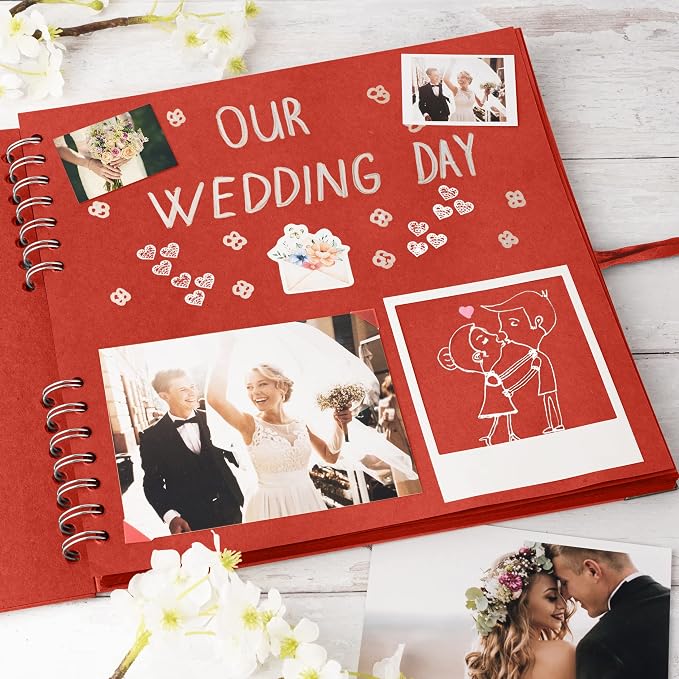 Bstorify 10 x 10 Inches Scrapbook Album 70 Pages Red Thick Kraft Paper Corner - Image 7