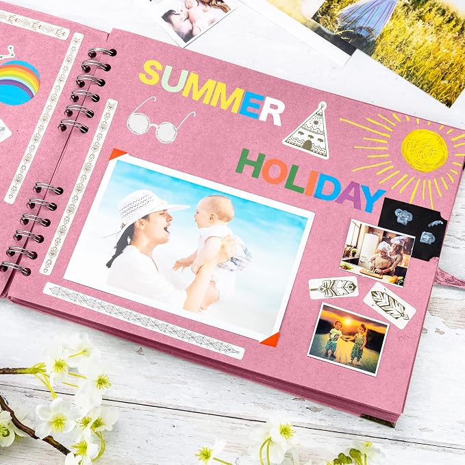 Bstorify Square Scrapbook Photo Albums 50 Pages Pink Thick Paper, Ribbon Closure - Image 5