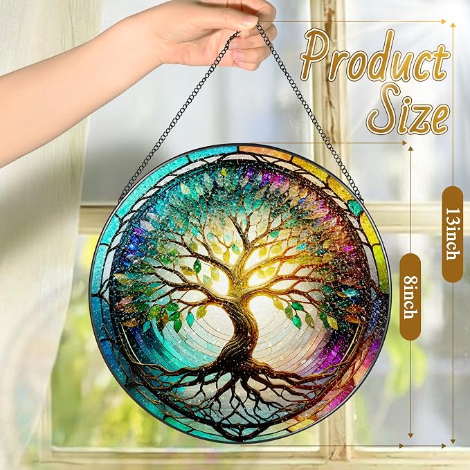 Stained Glass Window Hanging, LAOWEIKI 8'' Tree of Life Suncatcher, Stained - Image 4