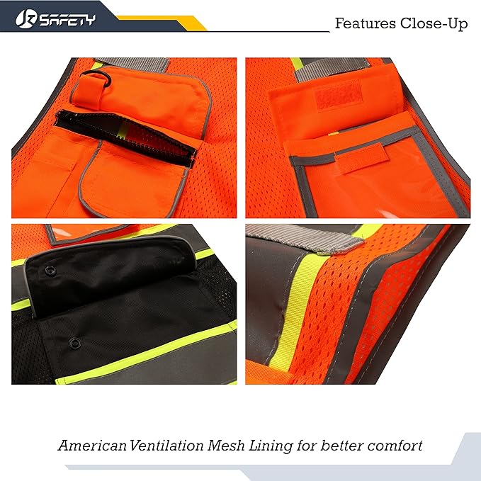 JKSafety 9 Pockets Hi-Vis Fluorescent Color Mesh Reflective Safety Vest for Men Women | Chaleco de seguridad para hombres y mujeres (100-Orange-Black 5XL)