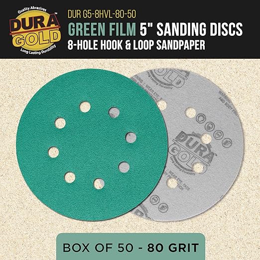 Dura-Gold Premium 80 Grit 5" Green Film Sanding Discs, 8-Hole Pattern, Box of 50 - Dustless Hook & Loop Backing Sandpaper for DA & Random Orbital Sanders, Sand Automotive Paint Woodworking Furniture