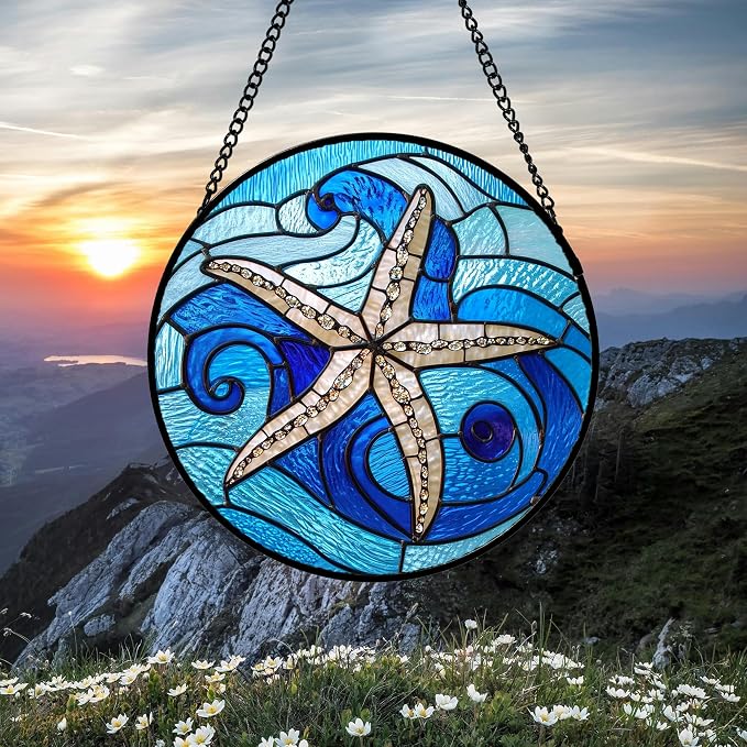 DASTOLL Stained Glass Window Hanging 4 Pcs Set Blue Ocean Waves 7.8" - Image 3