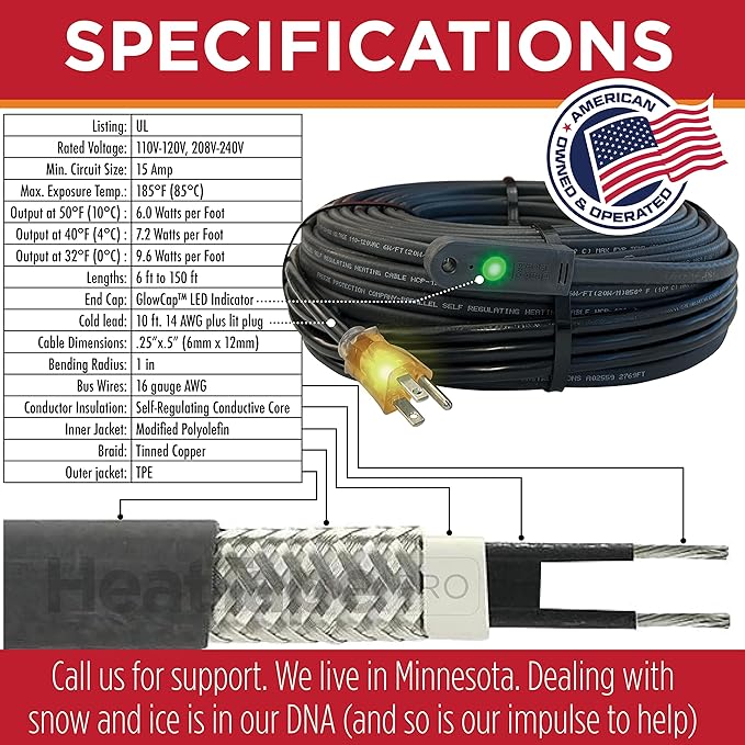 RADIANT SOLUTIONS HeatTapePro - Intelligent Commercial Grade Self-Regulating Heat Cable with GlowCap™ - 10 YR warranty - Ice Dam & Pipe Freeze Protection - 24 ft cable + 10 Ft Cord, 120V, 6 watts/Ft