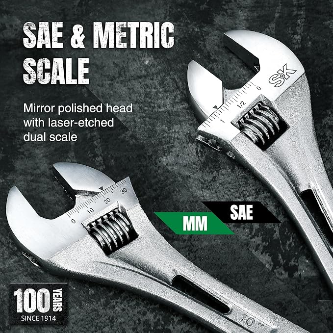 SK 10-Inch Adjustable Wrench, 1-1/4" Jaw Capacity, Cr-V Steel, SAE&Metric Scales