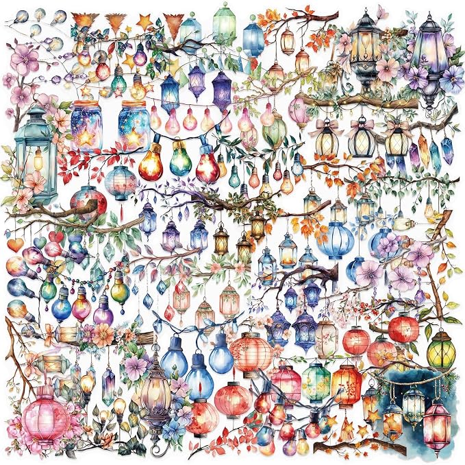 50PCS Watercolor Hanging Lantern and String Light Stickers – Clear Tree Branch by YOKSAS