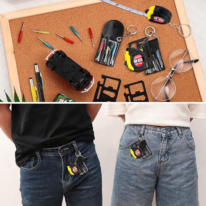216 Pcs Mini Tape Screwdriver Keychain Set Christmas Men Gifts Bulk Adult Party Favors Multitool Pen Card Tool Measuring Keychains Stocking Christmas Stuffers for Men Dad (Yellow,Black)