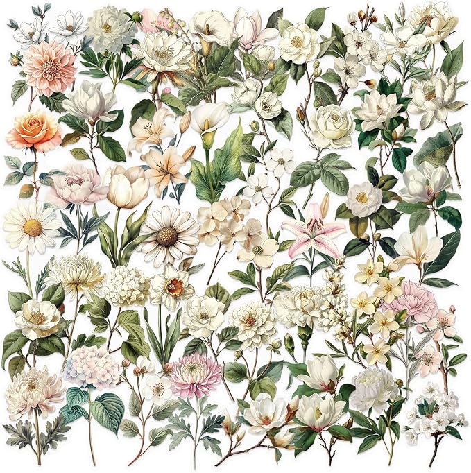 50Pcs White Flower Stickers Transparent Aesthetic Flowers Stickers by Unknown