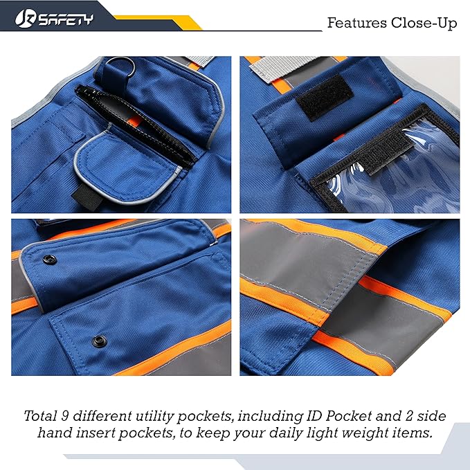 JKSafety 9 Pockets High Visibility Zipper Front Safety Vest | Blue with Dual Tone High Reflective Strips | Meets ANSI/ISEA Standards (901-Blue, X-Large)