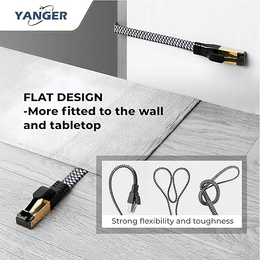 YANGER Cat8 Ethernet Cable 50FT，Nylon Braided High Speed Heavy Duty Network LAN Patch Cord, 40Gbps 2000Mhz with Gold Plated RJ45 Connector, Indoor&Outdoor for Modem/Router/Gaming/PC