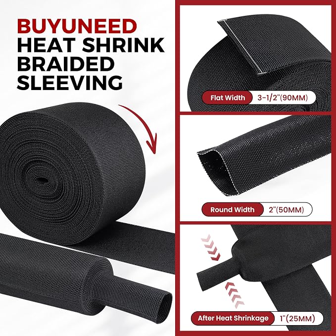 Heat Shrink Wire Loom 2:1 Shrinkable Braided Cable Sleeve 2 Inch ID-18ft - Image 2