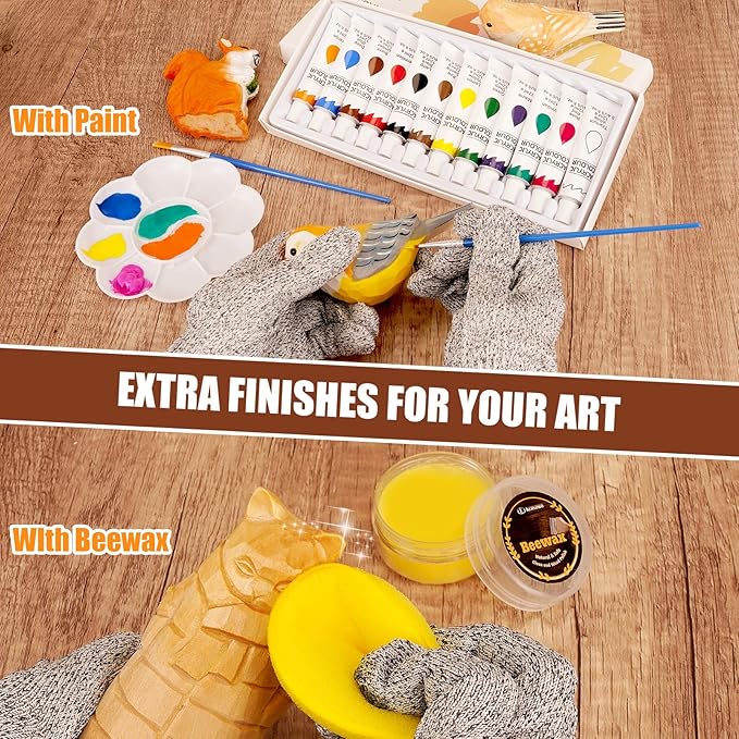 Wood Carving Kit, 44Pcs Wood Carving Tools with 4 Style Templates & 12 Color Paint Set & Bee Wax, Wood Whittling Knives Set 4pcs Whittling Knives & 5pcs Detail Knives for Beginners and Hobbyists