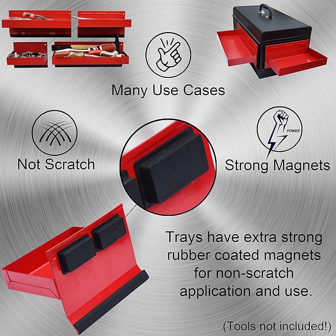 Magnetic Shelf 4-Pcs Set - Red Tool Trays - Metal Tool Box With Strong Magnets - Storage for Toolbox - Tool Box Accessories for Van Workshop