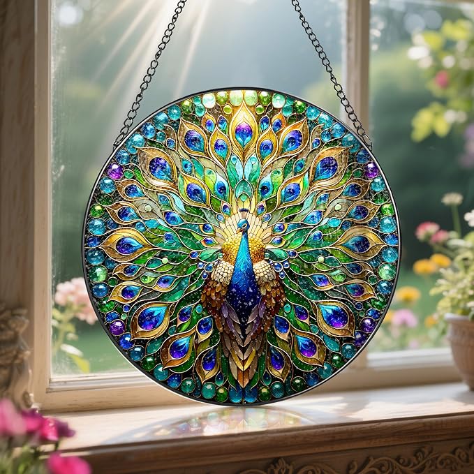 Stained Glass Window Hanging, LAOWEIKI 8'' Peacock Suncatcher, Stained Glass - Image 5