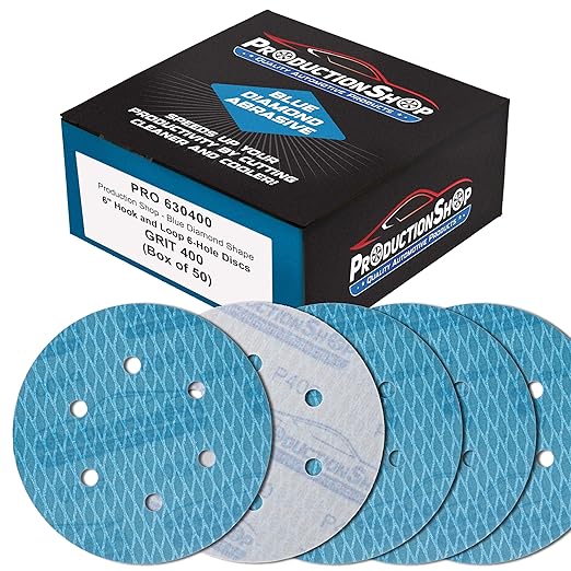 Premium 400 Grit 6" Rhombus Diamond Shape Blue Sanding Discs, 6-Hole, Box of 50 - Hook & Loop Anti-Clogging J-Cloth Dustless Sandpaper for Random Orbital Sanders, Sand Auto Paint, Wood