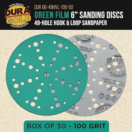 Dura-Gold Premium 100 Grit 6" Green Film Sanding Discs, 49-Hole Pattern, Box of 50 - Heavy-Duty Dustless Hook & Loop Backing Sandpaper for DA & Random Orbital Sanders, Sand Auto Paint, Wood Furniture