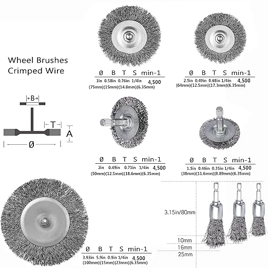 Wire Wheel Cup Brush Set,0.012-Inch Coarse Crimped Carbon Steel,Die Grinder Wire Brush for Drill,1/4In Hex Shank,Wire Drill Brush Set (32 Pack)