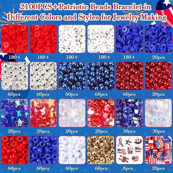 UPINS Patriotic Bracelet Making Kit Red White Blue Beads - Image 2