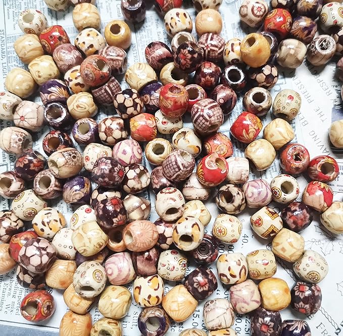 300pcs Mixed Painted Barrel Wood Spacer Beads, BetterJonny 12mm Round Printed - Image 3