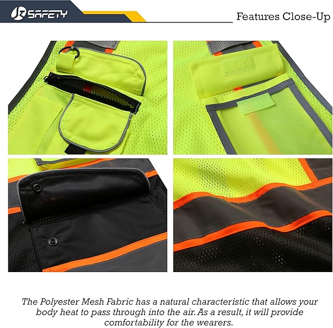 JKSafety 9 Pockets Class 2 High Visibility Dual Color Zipper Front MESH Lite Safety Vest | Orange Color Triming Reflective Strip | ANSI/ISEA Standards (100-Yellow-Black, L)