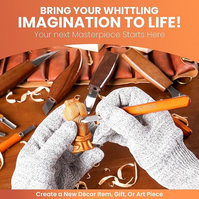 ROONA Wood Carving Kit, 25Pcs with Carving Knives, Chisel Set, Leather Strop, Sharpening Compound with Polisher, Gloves, Paint Set & Basswood Blocks – Whittling Knife Set with Rolling PU Leather Case