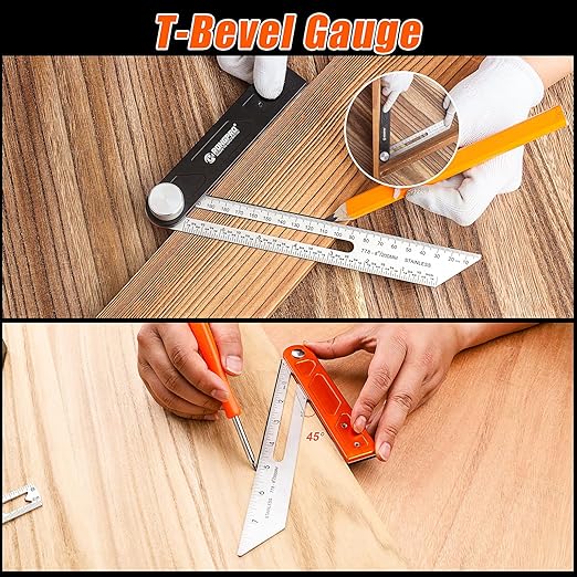 4Pcs Woodworking Tools -7''Aluminum Rafter Square,12''Adjustable Protractor Angle Finder,10'Woodworking Square Ruler and T-Bevel Gauge-1/16 Precision…