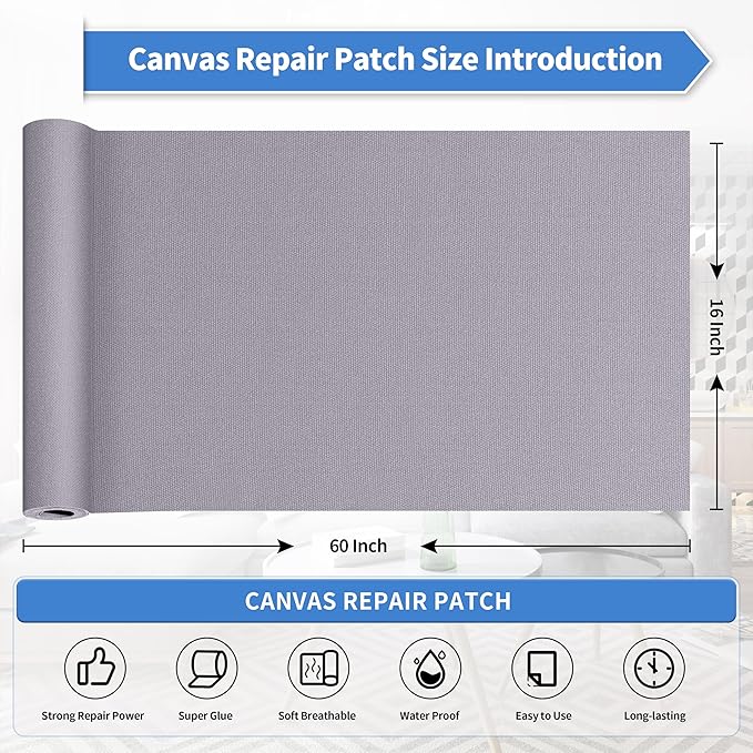 KING MOUNTAIN Canvas Repair Patch 16×60 Inch Self-Adhesive Waterproof Fabric Patch for Sofas, Tents, Furniture,Tote Bags, Car Seats (Light Grey)