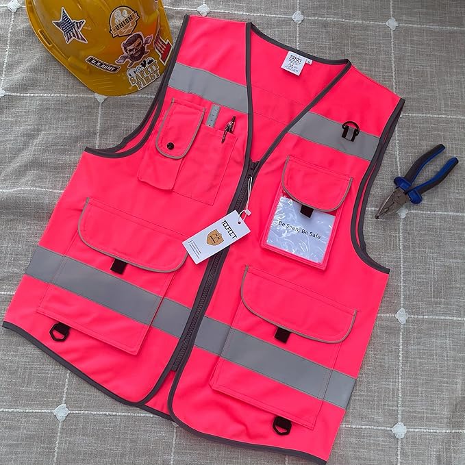 TCCFCCT Pink Safety Vest for Men Women 9 Pockets High Visibility Reflective Vest for Safety, Work Vest with Reflective Strips, Meets ANSI/ISEA Standards, X-Large