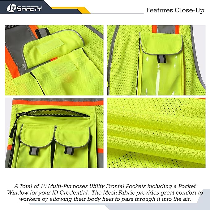 JKSafety 10 Pockets Hi-Vis Neon Color Frontal Zipper Mesh Safety Vest for Men Women Safety Utility for works Comply to ANSI/ISEA Class 2 (86-Yellow 3XL)