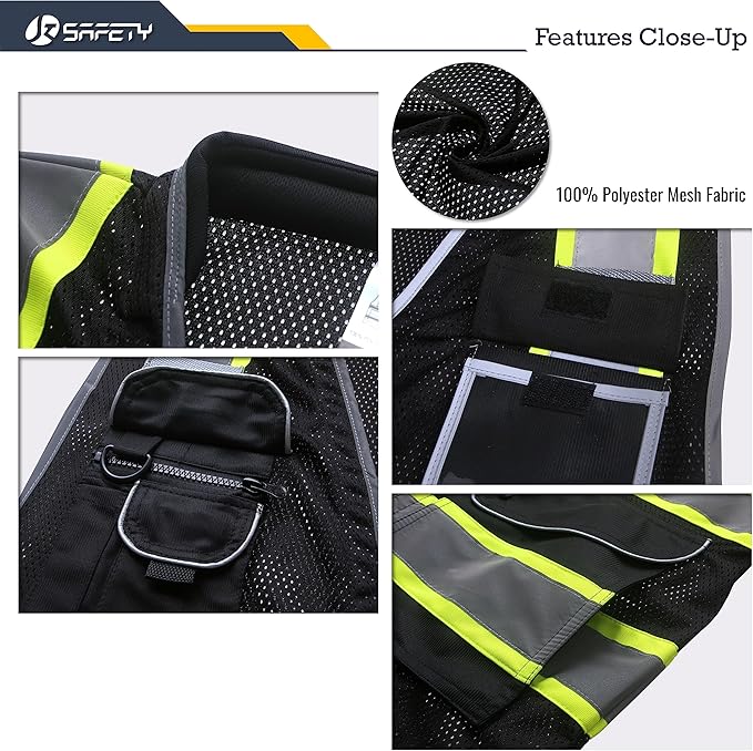 JKSafety 9 Pockets Hi-Vis Black Safety Vest for Men Women High Visibility Reflective Construction Mesh Fabric Cushioned Collar Work Utility PPE Work Gear ANSI/ISEA compliant (101-Black L)