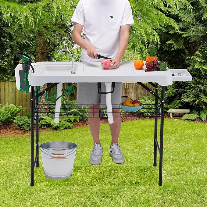 Dragosum 42'' Outdoor Fish Cleaning Table Portable Camping Sink Station with Double Sinks, Collapsible Swivel Faucet, Picnic Sink Table for Picnic Beach Patio