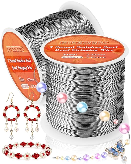 FIVEIZERO 656FT 0.38mm 7 Strand Stainless Steel Beading Wire, 2 Rolls Nylon by FIVEIZERO
