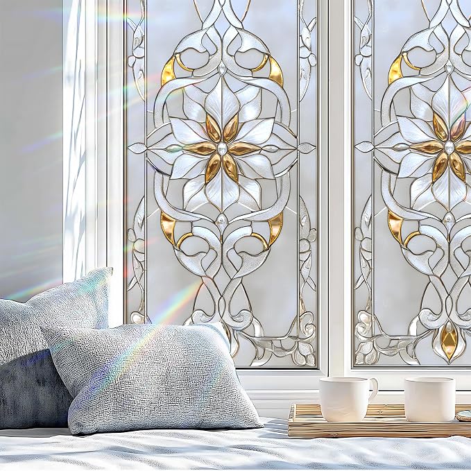 Stained Glass Window Privacy Film: Non-Adhesive Sun and Landscape Mosaic Design - Image 4