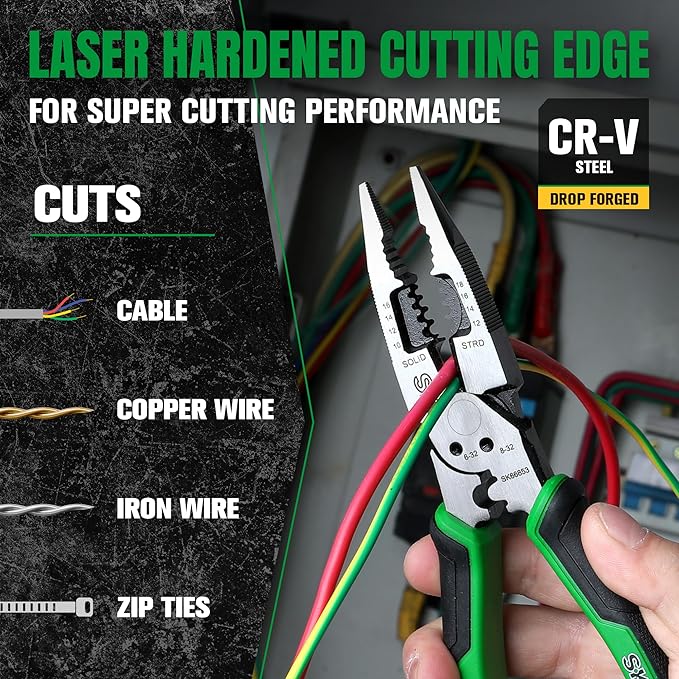 SK 8-Inch Multi-use Long Nose Pliers, Needle Nose Pliers, 7 IN 1, Premium CR-V Steel Construction, Ergonomic Anti-slip Handle for Comfortable Grip