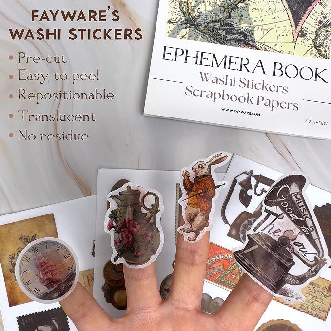 Fayware 411 Vintage Washi Stickers & 20 Scrapbook Papers Ephemera - Image 4