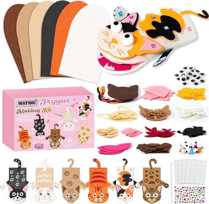 WATINC 6Pcs Cat Hand Puppet Making Kit, Art Craft Felt Sock Puppet Toys | by WATINC
