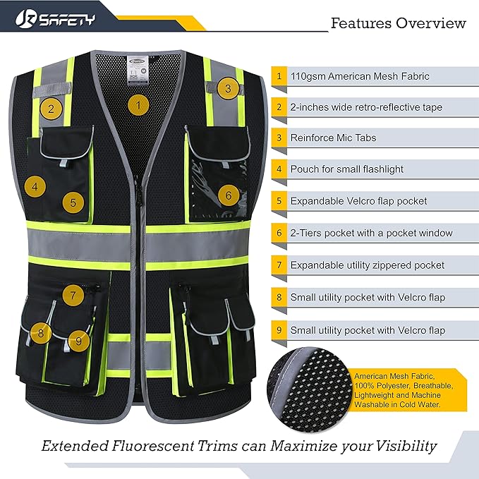 JKSafety 10 Pockets Hi-Vis Neon Color Frontal Zipper Mesh Safety Vest for Men Women Safety Utility for works Comply to ANSI/ISEA Standards (86-Black XL)