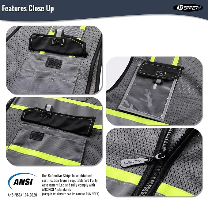 JKSafety Hi Vis Reflective Safety Vests for Men Women High Visibility Vest with Pockets Mesh Fabric Construction Safety Apparel Neon Vest for Work (220-Grey 5XL)