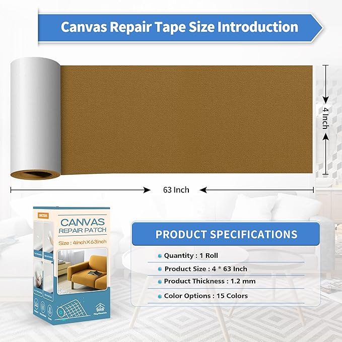 KING MOUNTAIN Canvas Repair Tape,Outdoor Gear Patch, 4×63 Inches,Waterproof,Self-Adhesive for Repairing Boat Covers,Sun Shades,Sofas,Tents,Lounge Chairs,Awnings (Yellow Brown)
