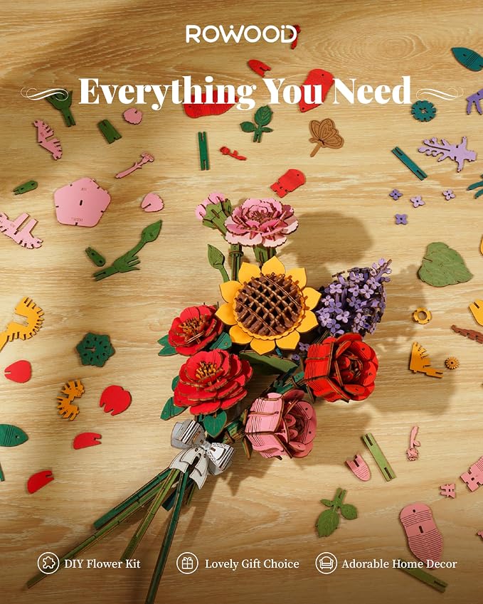 rowood 3D Puzzle Wooden Flower, DIY Artifical Flower Building Toy Set Craft Kit - Image 6