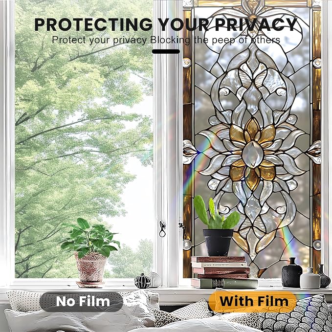 Stained Glass Window Privacy Film: Non-Adhesive Sun and Landscape Mosaic Design - Image 5