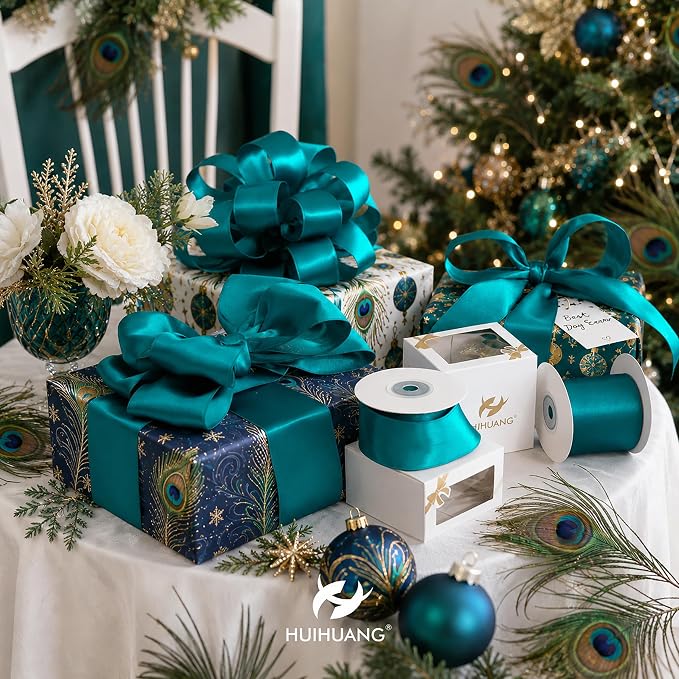 HUIHUANG Teal Wired Ribbon 2.5 inch Peacock Blue Satin Wire Ribbon - Image 4