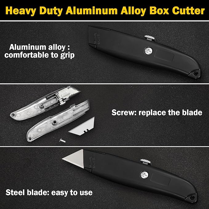 Reginary 30 Pcs Box Cutter Bulk Retractable Blade Utility Knife Heavy Duty Aluminum Alloy Razor Shell Knife for Cartons, Cardboard and Boxes, DIY, Factory, Home(Black)