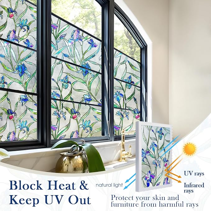 3D Stained Glass Window Privacy Film, Floral UV Block Cling - Image 3