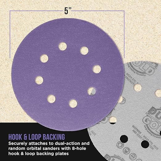 Dura-Gold Premium 120 Grit 5" Purple Film Ceramic Sanding Discs, 8-Hole Pattern, Box of 50 - Dustless Hook & Loop Backing Sandpaper for DA & Random Orbital Sanders - Sand Auto Paint, Wood, Woodworking