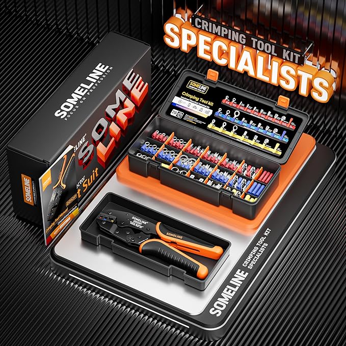 SOMELINE Electrical Connectors Crimping Tool Set, Ratchet Terminal Crimper 22-10 AWG, with 26 Sizes Ring Spade Butt Piggyback Insulated Connectors, Wire Crimp Tool Kit