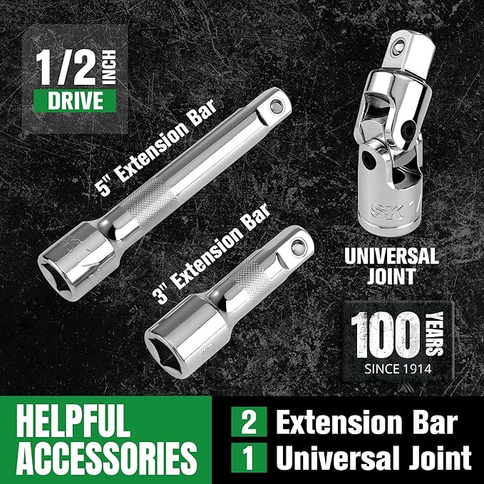 SK 1/2" Drive Socket Set with 160-P Ratchet, 31-Piece, Metric, SuperKrome Finish, Premium CR-V Construction, with EVA Foam Tool Organizer