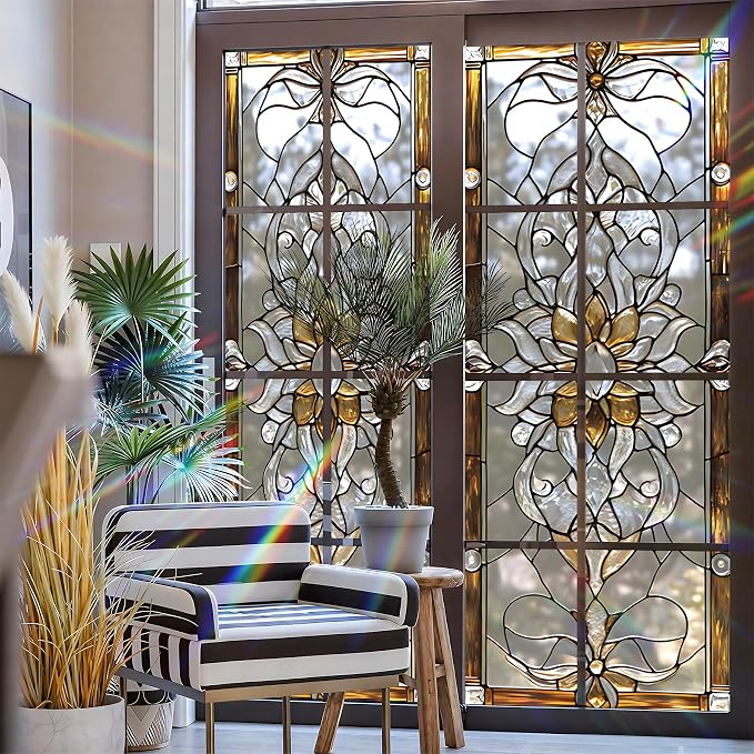 Stained Glass Window Privacy Film: Non-Adhesive Sun and Landscape Mosaic Design - Image 3